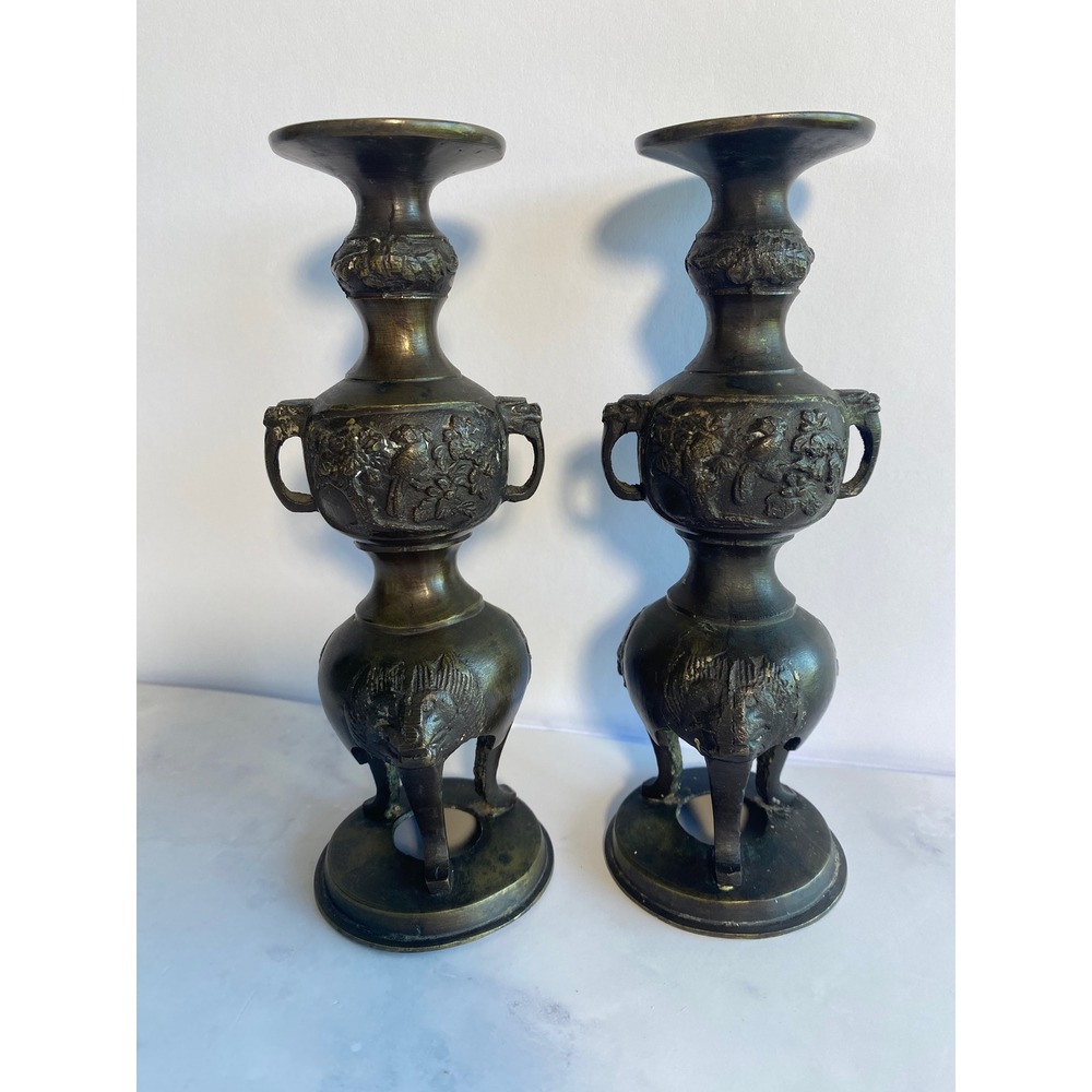 Antique Pair Chinese‎ Bronze 9" Magpie Elephant Candlesticks Feng Shui Altar